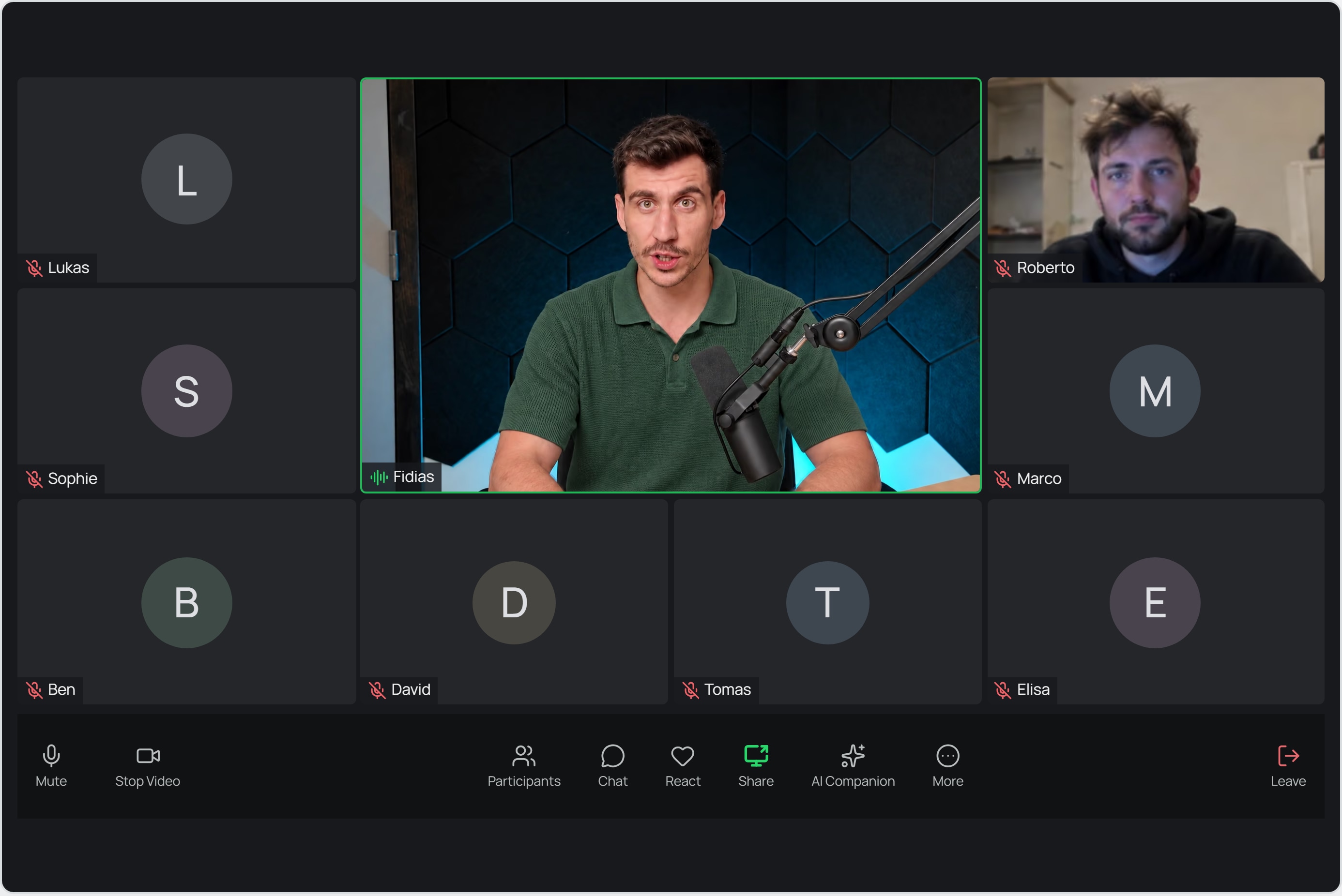 Small group call with Fidias in a green polo and Roberto on camera; the other seven participants have their cameras off